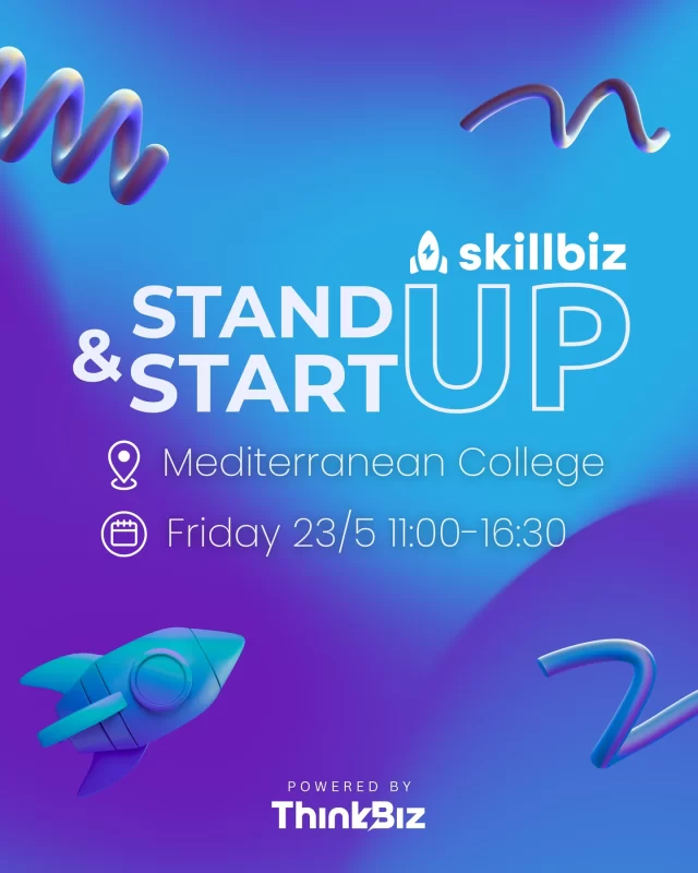 Ετοιμάσου για την πιο δυναμική ημερίδα του SkillBiz🚀!

Το “Stand Up and Start Up” έρχεται για να σου δώσει όλα τα insights που χρειάζεσαι για να κάνεις τα πρώτα σου βήματα στον κόσμο των startups.

Μέσα από workshops, ομιλίες και fireside chats με καταξιωμένους founders, θα εξερευνήσουμε πώς καινοτομείς, χτίζεις από το μηδέν και ξεχωρίζεις στο επιχειρηματικό τοπίο.

📅 Ημερομηνία: Παρασκευή 23 Μαΐου 2025

📍 Τοποθεσία: Mediterranean College, Πατησίων 94 & Κοδριγκτώνος Κοδριγκτώνος 13

⏰ Ώρα: 11:00 – 16:30

Δήλωσε συμμετοχή και γίνε μέρος μιας ημέρας γεμάτης έμπνευση, γνώση και networking ευκαιρίες!

Link in bio 🩵 Open For all

#ThinkBiz #SkillBiz #Entrepreneurship #StartUps #StandUps